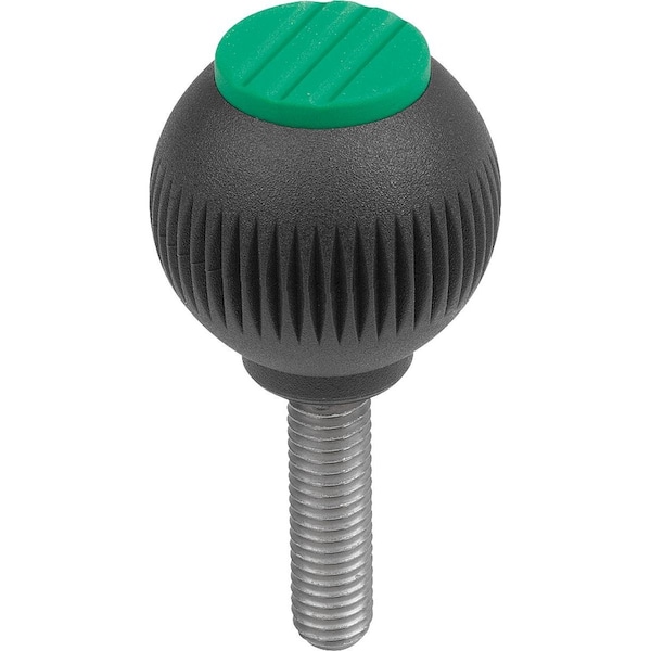 Spherical Knob Size:4, D1=50 D=M10X20, Plastic Black Ral7021, Comp:Stainless, Cap:Green Ral6032